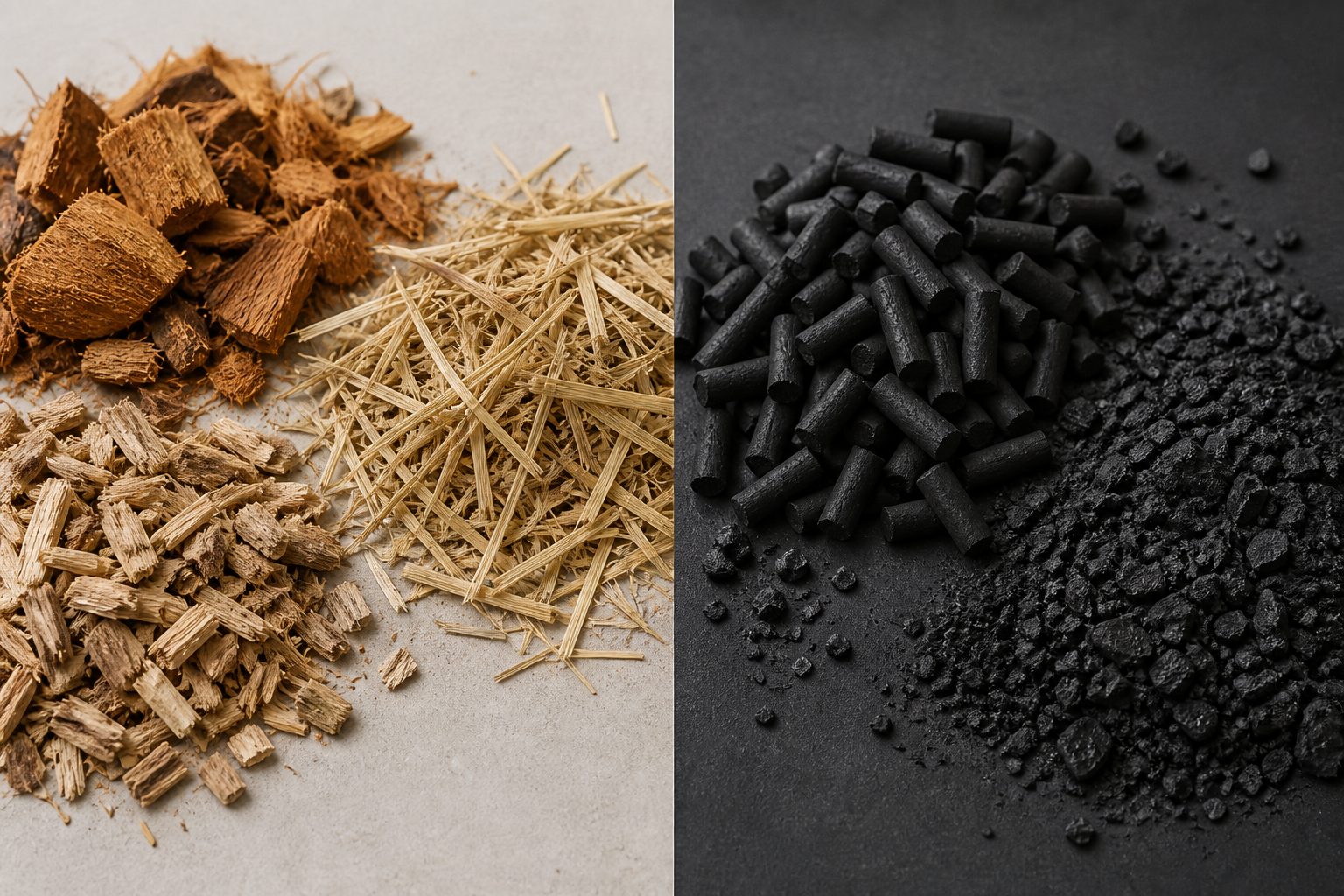 Agricultural residue feedstock transforming into torrefied biocarbon pellets